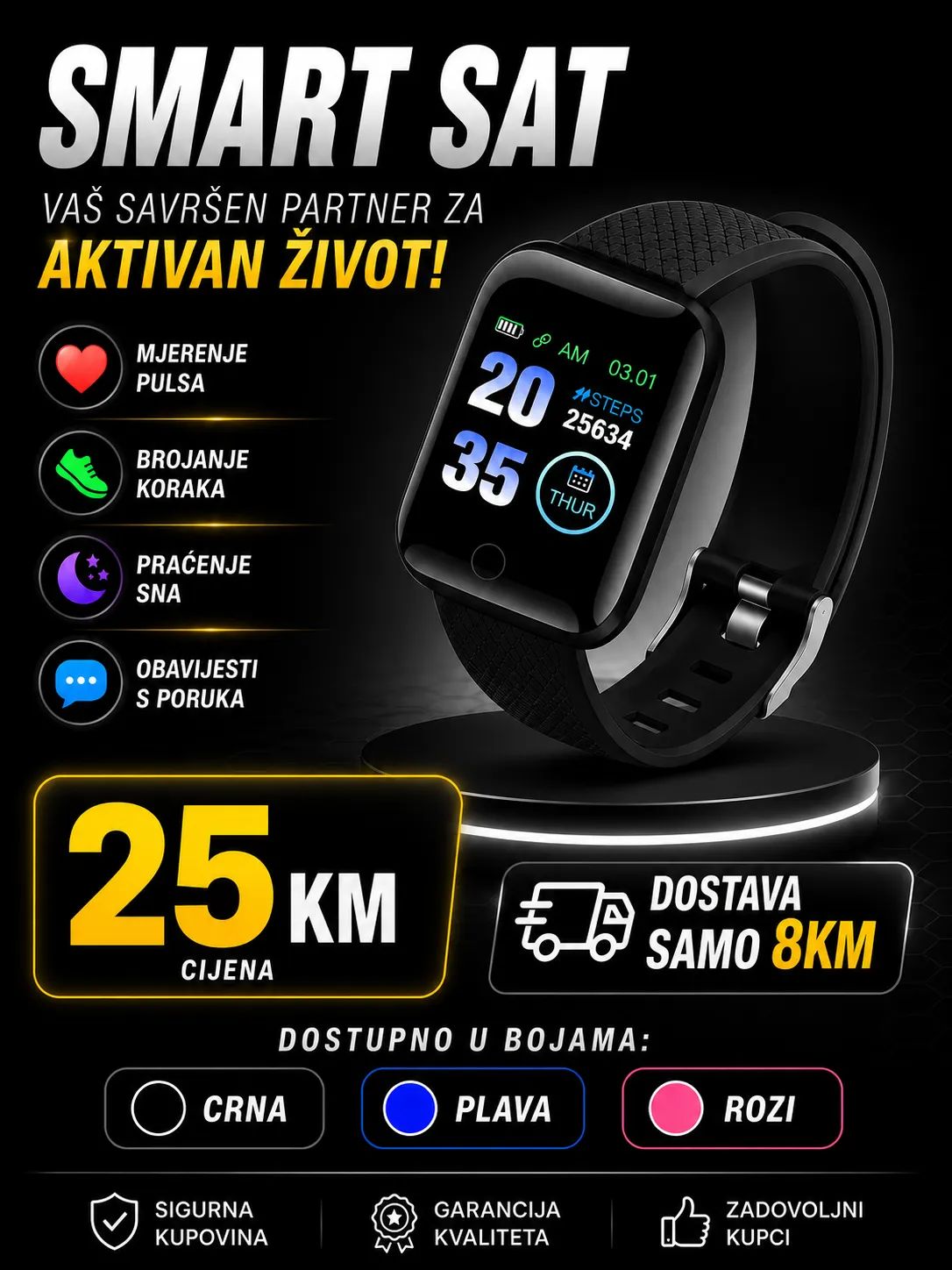 Smart Bracelet Crni – Elegantna Pametna Narukvica sa Praćenjem Zdravlja, Pulsa i FitPro APP Podrškom - Slika 2