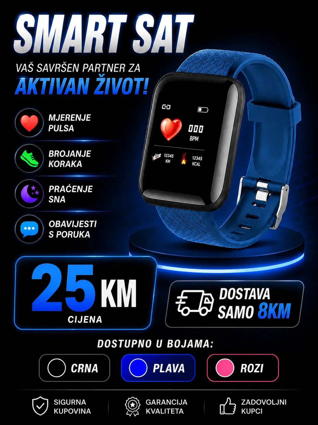 Smart Bracelet Plavi – Pametna Fitness Narukvica sa Mjerenjem Pulsа, Krvnog Pritiska i IP67 Vodootpornošću - Slika 2