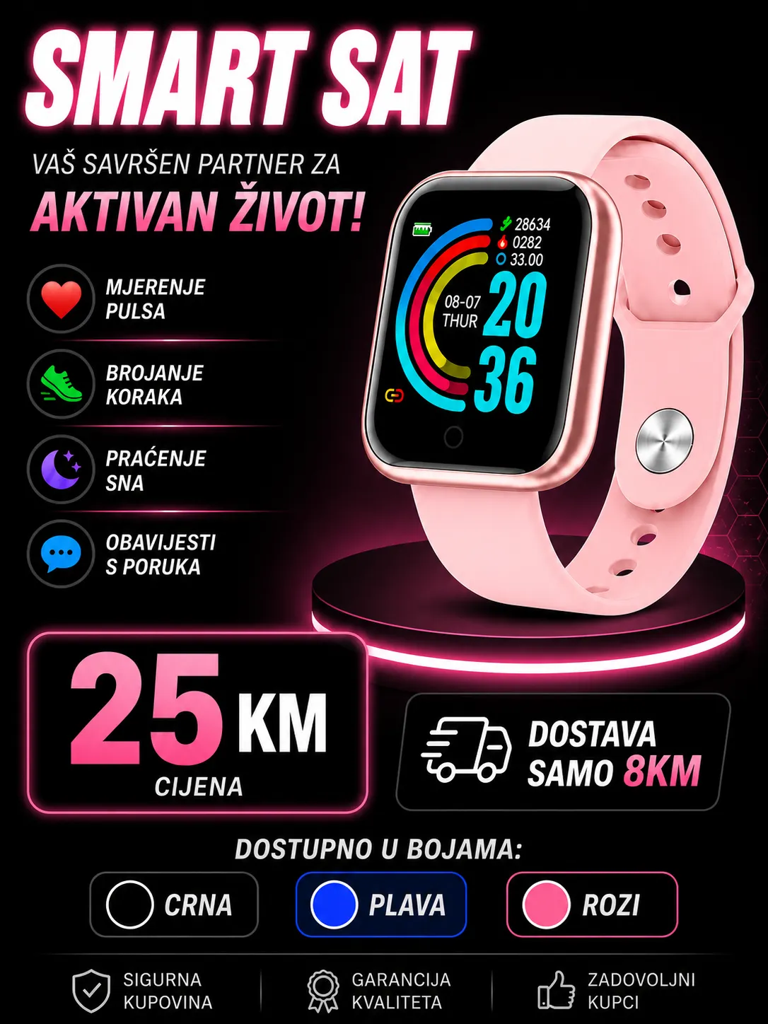 Smart Bracelet Rozi – Ženska Fitness Pametna Narukvica sa Pulsem, Pritiskom i Dugom Trajnošću Baterije - Slika 2